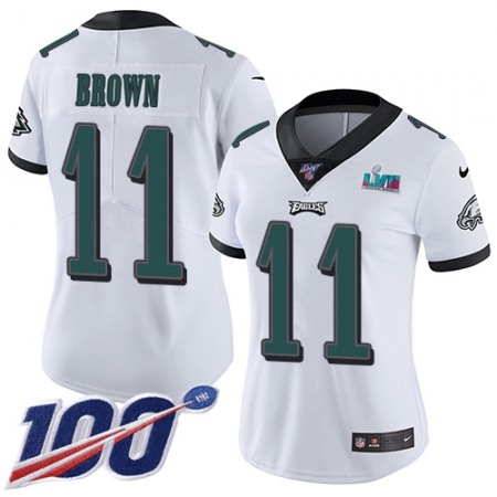 Nike Eagles #11 A.J. Brown White Super Bowl LVII Patch Women's Stitched NFL 100th Season Vapor Untouchable Limited Jersey