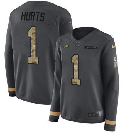 Nike Eagles #1 Jalen Hurts Anthracite Salute to Service Women's Stitched NFL Limited Therma Long Sleeve Jersey