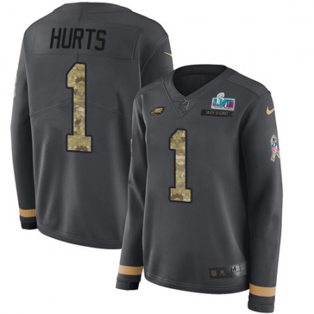 Nike Eagles #1 Jalen Hurts Anthracite Super Bowl LVII Patch Salute to Service Women's Stitched NFL Limited Therma Long Sleeve Jersey
