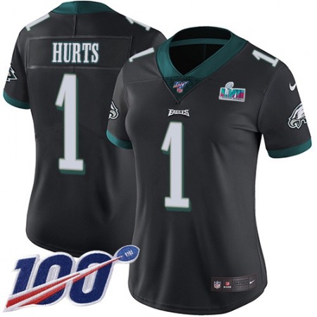 Nike Eagles #1 Jalen Hurts Black Super Bowl LVII Patch Alternate Women's Stitched NFL 100th Season Vapor Limited Jersey