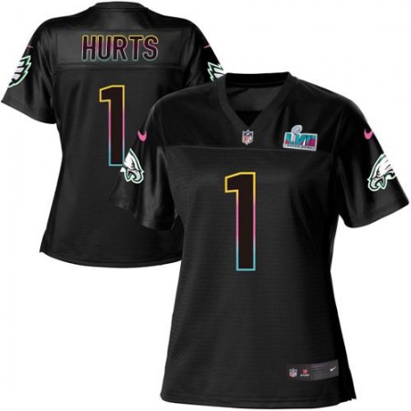 Nike Eagles #1 Jalen Hurts Black Super Bowl LVII Patch Women's NFL Fashion Game Jersey
