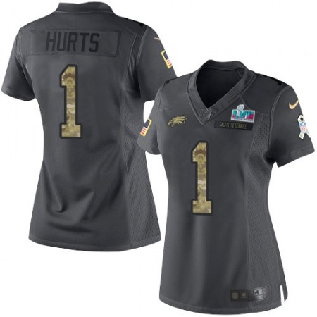 Nike Eagles #1 Jalen Hurts Black Super Bowl LVII Patch Women's Stitched NFL Limited 2016 Salute to Service Jersey