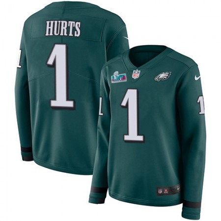 Nike Eagles #1 Jalen Hurts Green Super Bowl LVII Patch Team Color Women's Stitched NFL Limited Therma Long Sleeve Jersey