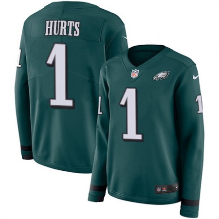 Nike Eagles #1 Jalen Hurts Green Team Color Women's Stitched NFL Limited Therma Long Sleeve Jersey