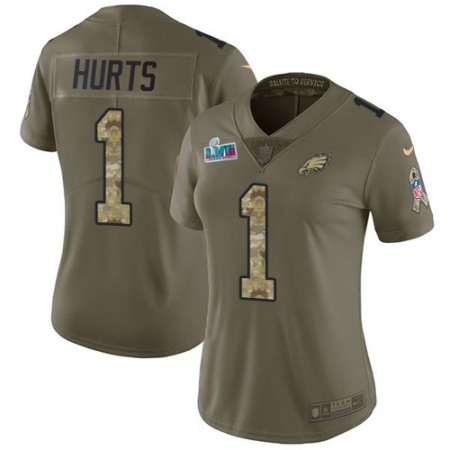 Nike Eagles #1 Jalen Hurts Olive/Camo Super Bowl LVII Patch Women's Stitched NFL Limited 2017 Salute To Service Jersey