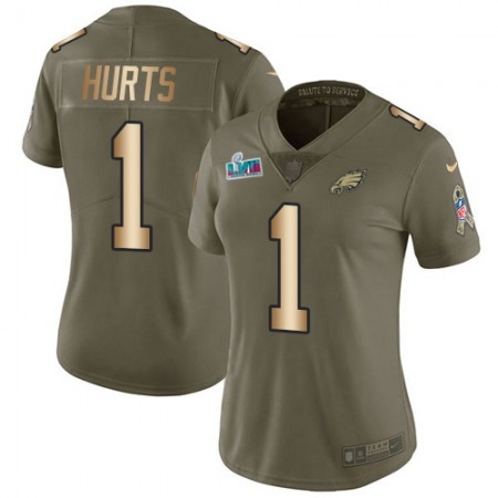 Nike Eagles #1 Jalen Hurts Olive/Gold Super Bowl LVII Patch Women's Stitched NFL Limited 2017 Salute To Service Jersey