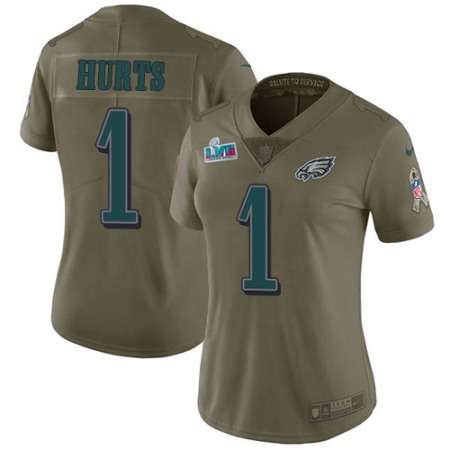 Nike Eagles #1 Jalen Hurts Olive Super Bowl LVII Patch Women's Stitched NFL Limited 2017 Salute To Service Jersey