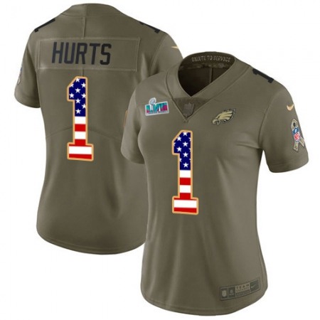 Nike Eagles #1 Jalen Hurts Olive/USA Flag Super Bowl LVII Patch Women's Stitched NFL Limited 2017 Salute To Service Jersey