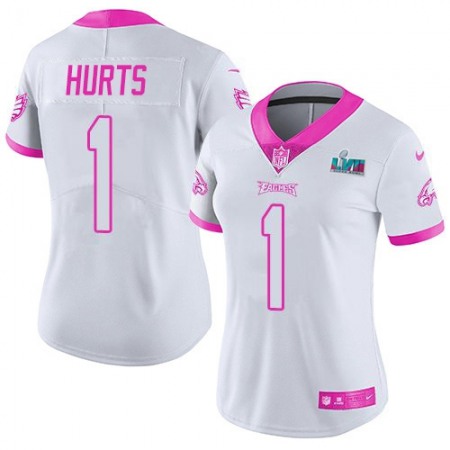 Nike Eagles #1 Jalen Hurts White/Pink Super Bowl LVII Patch Women's Stitched NFL Limited Rush Fashion Jersey