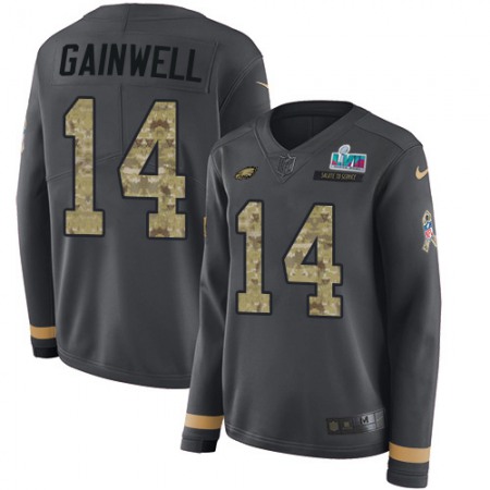 Nike Eagles #14 Kenneth Gainwell Anthracite Salute to Service Super Bowl LVII Patch Women's Stitched NFL Limited Therma Long Sleeve Jersey