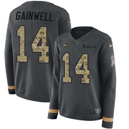 Nike Eagles #14 Kenneth Gainwell Anthracite Salute to Service Women's Stitched NFL Limited Therma Long Sleeve Jersey