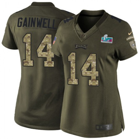 Nike Eagles #14 Kenneth Gainwell Green Super Bowl LVII Patch Women's Stitched NFL Limited 2015 Salute to Service Jersey