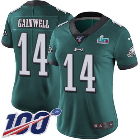 Nike Eagles #14 Kenneth Gainwell Green Team Color Super Bowl LVII Patch Women's Stitched NFL 100th Season Vapor Untouchable Limited Jersey