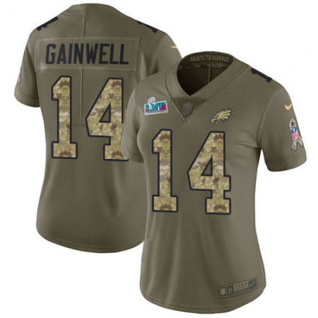 Nike Eagles #14 Kenneth Gainwell Olive/Camo Super Bowl LVII Patch Women's Stitched NFL Limited 2017 Salute To Service Jersey