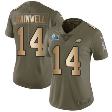 Nike Eagles #14 Kenneth Gainwell Olive/Gold Super Bowl LVII Patch Women's Stitched NFL Limited 2017 Salute To Service Jersey