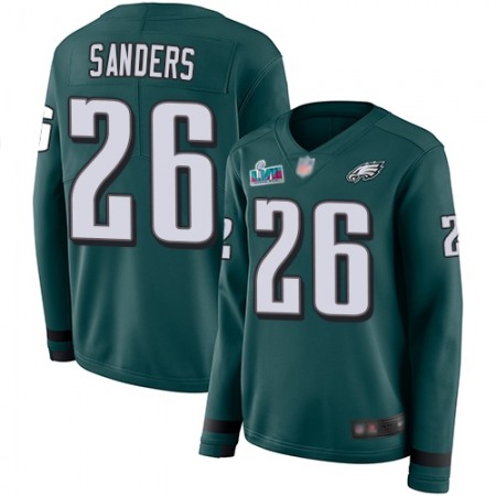 Nike Eagles #26 Miles Sanders Green Super Bowl LVII Patch Team Color Women's Stitched NFL Limited Therma Long Sleeve Jersey