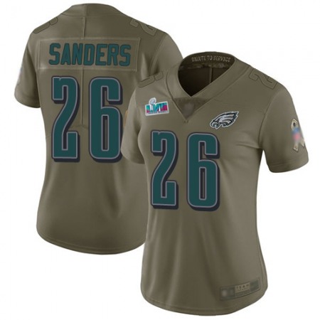 Nike Eagles #26 Miles Sanders Olive Super Bowl LVII Patch Women's Stitched NFL Limited 2017 Salute To Service Jersey