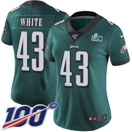 Nike Eagles #43 Kyzir White Green Team Color Super Bowl LVII Patch Women's Stitched NFL 100th Season Vapor Untouchable Limited Jersey