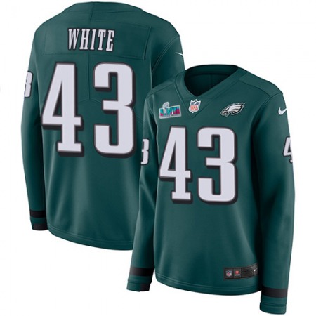 Nike Eagles #43 Kyzir White Green Team Color Super Bowl LVII Patch Women's Stitched NFL Limited Therma Long Sleeve Jersey