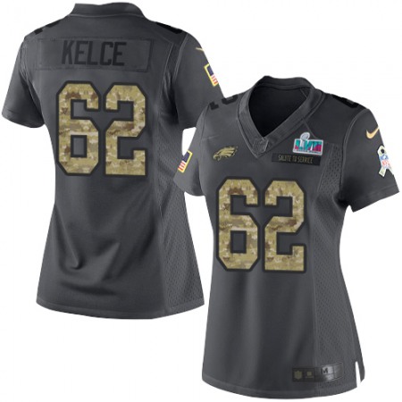 Nike Eagles #62 Jason Kelce Black Super Bowl LVII Patch Women's Stitched NFL Limited 2016 Salute to Service Jersey