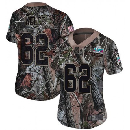 Nike Eagles #62 Jason Kelce Camo Super Bowl LVII Patch Women's Stitched NFL Limited Rush Realtree Jersey