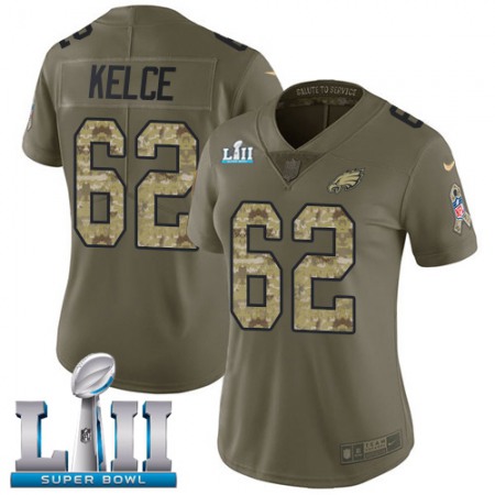 Nike Eagles #62 Jason Kelce Olive/Camo Super Bowl LII Women's Stitched NFL Limited 2017 Salute to Service Jersey