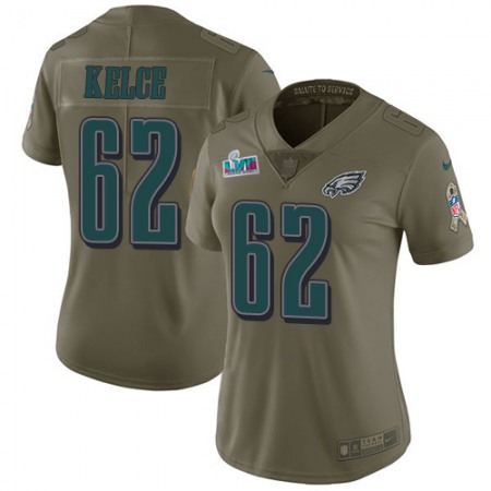 Nike Eagles #62 Jason Kelce Olive Super Bowl LVII Patch Women's Stitched NFL Limited 2017 Salute To Service Jersey