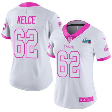 Nike Eagles #62 Jason Kelce White/Pink Super Bowl LVII Patch Women's Stitched NFL Limited Rush Fashion Jersey