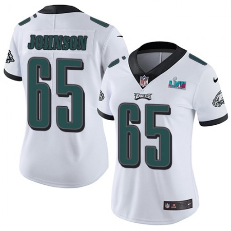 Nike Eagles #65 Lane Johnson White Super Bowl LVII Patch Women's Stitched NFL Vapor Untouchable Limited Jersey