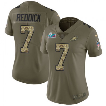 Nike Eagles #7 Haason Reddick Olive/Camo Super Bowl LVII Patch Women's Stitched NFL Limited 2017 Salute To Service Jersey