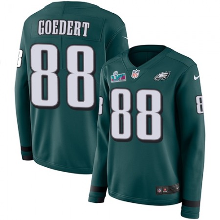 Nike Eagles #88 Dallas Goedert Green Super Bowl LVII Patch Team Color Women's Stitched NFL Limited Therma Long Sleeve Jersey