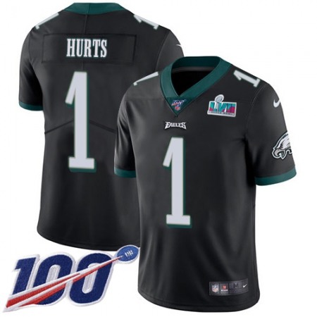Nike Eagles #1 Jalen Hurts Black Super Bowl LVII Patch Alternate Youth Stitched NFL 100th Season Vapor Limited Jersey