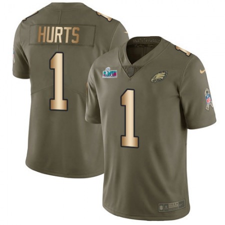 Nike Eagles #1 Jalen Hurts Olive/Gold Super Bowl LVII Patch Youth Stitched NFL Limited 2017 Salute To Service Jersey