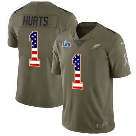 Nike Eagles #1 Jalen Hurts Olive/USA Flag Super Bowl LVII Patch Youth Stitched NFL Limited 2017 Salute To Service Jersey