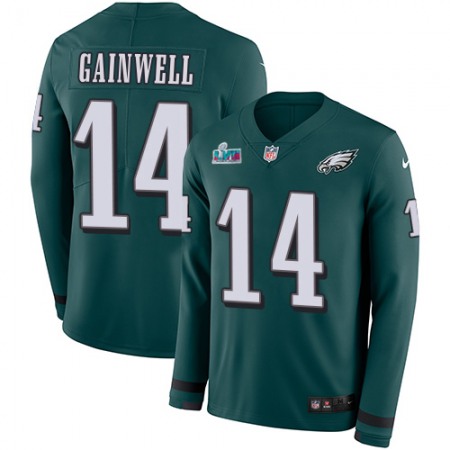 Nike Eagles #14 Kenneth Gainwell Green Team Color Super Bowl LVII Patch Youth Stitched NFL Limited Therma Long Sleeve Jersey