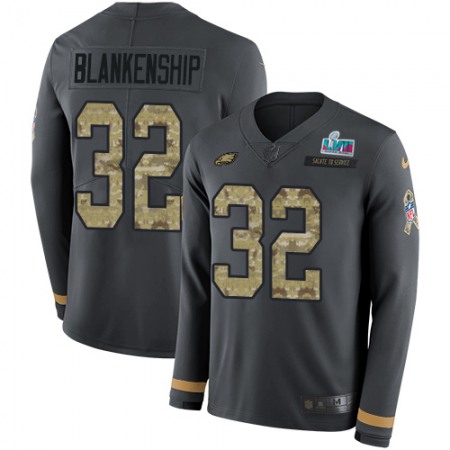 Nike Eagles #32 Reed Blankenship Anthracite Salute to Service Super Bowl LVII Patch Youth Stitched NFL Limited Therma Long Sleeve Jersey