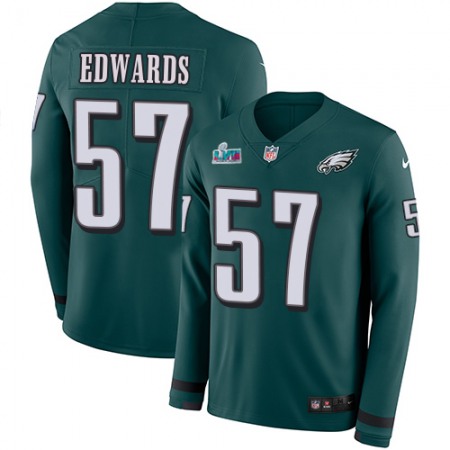 Nike Eagles #57 T. J. Edwards Green Team Color Super Bowl LVII Patch Youth Stitched NFL Limited Therma Long Sleeve Jersey