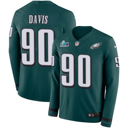 Nike Eagles #90 Jordan Davis Green Super Bowl LVII Patch Team Color Youth Stitched NFL Limited Therma Long Sleeve Jersey