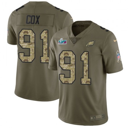 Nike Eagles #91 Fletcher Cox Olive/Camo Super Bowl LVII Patch Youth Stitched NFL Limited 2017 Salute To Service Jersey