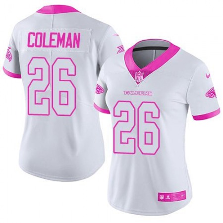 Nike Falcons #26 Tevin Coleman White/Pink Women's Stitched NFL Limited Rush Fashion Jersey