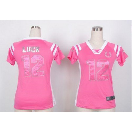 Nike Colts #12 Andrew Luck Pink Women's Stitched NFL Elite Draft Him Shimmer Jersey