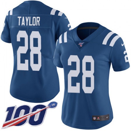 Nike Colts #28 Jonathan Taylor Royal Blue Team Color Women's Stitched NFL 100th Season Vapor Untouchable Limited Jersey