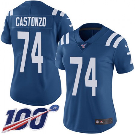 Nike Colts #74 Anthony Castonzo Royal Blue Team Color Women's Stitched NFL 100th Season Vapor Untouchable Limited Jersey