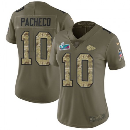 Nike Chiefs #10 Isiah Pacheco Olive/Camo Super Bowl LVII Patch Women's Stitched NFL Limited 2017 Salute to Service Jersey