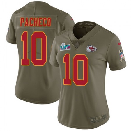Nike Chiefs #10 Isiah Pacheco Olive Super Bowl LVII Patch Women's Stitched NFL Limited 2017 Salute to Service Jersey