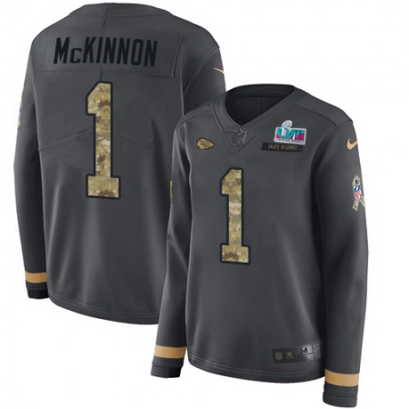 Nike Chiefs #1 Jerick McKinnon Anthracite Salute to Service Super Bowl LVII Patch Women's Stitched NFL Limited Therma Long Sleeve Jersey