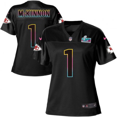 Nike Chiefs #1 Jerick McKinnon Black Super Bowl LVII Patch Women's NFL Fashion Game Jersey
