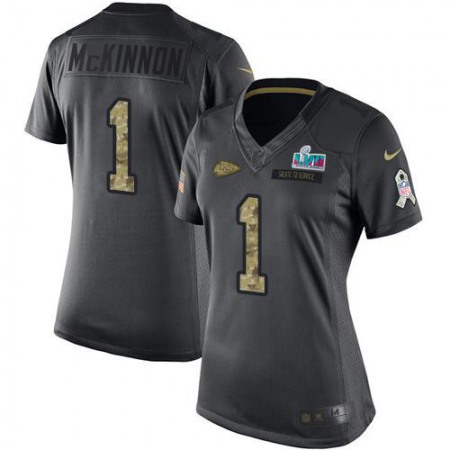 Nike Chiefs #1 Jerick McKinnon Black Super Bowl LVII Patch Women's Stitched NFL Limited 2016 Salute to Service Jersey