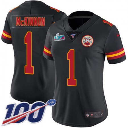 Nike Chiefs #1 Jerick McKinnon Black Super Bowl LVII Patch Women's Stitched NFL Limited Rush 100th Season Jersey