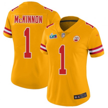 Nike Chiefs #1 Jerick McKinnon Gold Super Bowl LVII Patch Women's Stitched NFL Limited Inverted Legend Jersey